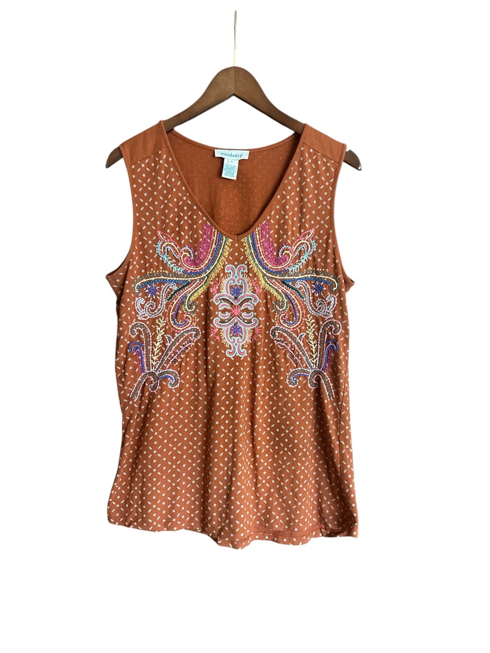 Sundance Burnt Orange Embroidered Sleeveless V-Neck Tank